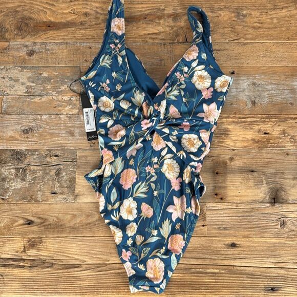 NWT Nicole Miller One Piece Twist Front Deep Neck Swimsuit Antique Floral M $98 - Picture 5 of 8